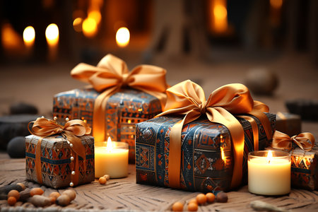 Craft gift boxes with beige bows and candles  in antique interior, wedding decor, copy space for text. Generative AIの素材