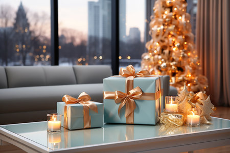 MInt gift boxes with golden bows in interior, boxing day sale,copy space for text. Generative AIの素材