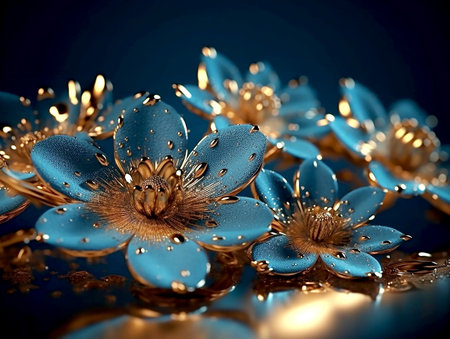 Composition of blue gold artificial flowers on blue background. Generative AIの素材