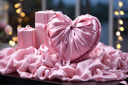 Pink gift box in the shape of a heart with pink bow and boxes for Valentine's Day, copy space for text. Generative AIの素材
