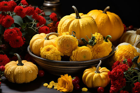 Pumpkins with red and yellow flowers, autumn composition on wooden background, copy space for text. Generative AIの素材