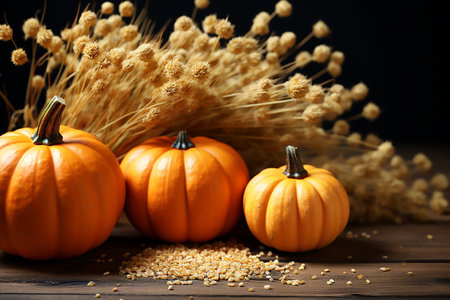 Autumn composition of umpkins on wooden background, copy space for text. Generative AIの素材