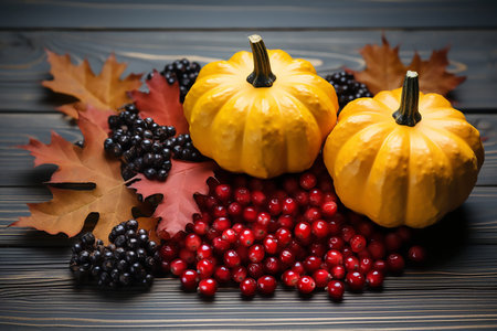 Autumn composition of pumpkins with red berries and maple leaves on wooden background, copy space for text. Generative AIの素材
