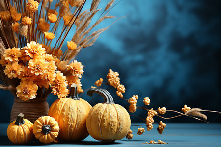 Pumpkins and orange flowers, autumn composition on blue concrete background, copy space for text. Generative AIの素材