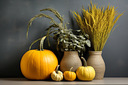 Autumn composition of pumpkins and spikelets in vases on gray concrete background, copy space for text. Generative AIの素材