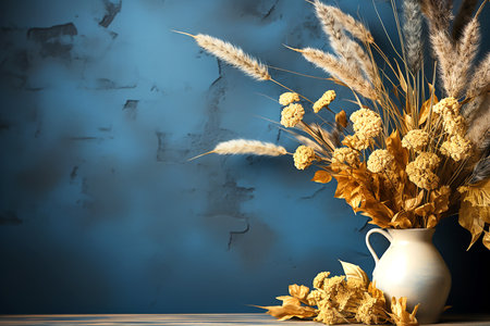 Spikelets and orange flowers on shabby blue concrete background, copy space for text. Generative AIの素材