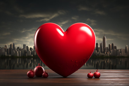 Red heart on of the metropolis and dark sky background, copy space for text. Generative AIの素材