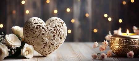 Ð¡arved wooden heart with white roses on the background of bokeh effect, copy space for text. Generative AIの素材