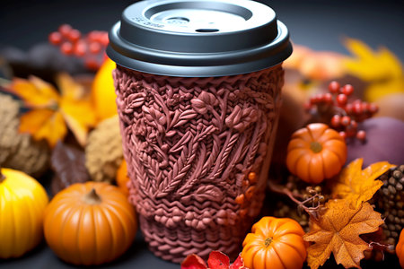Red knitted cup cozy of autumn decor background, copy space for text. Generative AIの素材