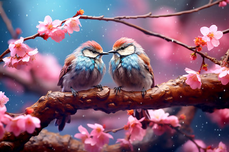 Two colorful birds sit on a branch on blue pink background, copy space for text. Generative AIの素材