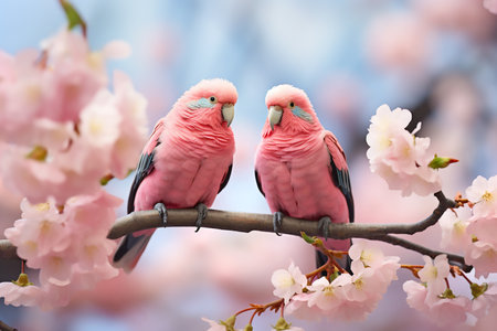 Two large pink macaw parrots sit on a branch of sakura blossoms, copy space for text. Generative AIの素材