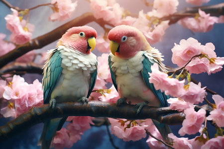 Two large colorful parrots siting on a branch of sakura, copy space for text. Generative AIの素材