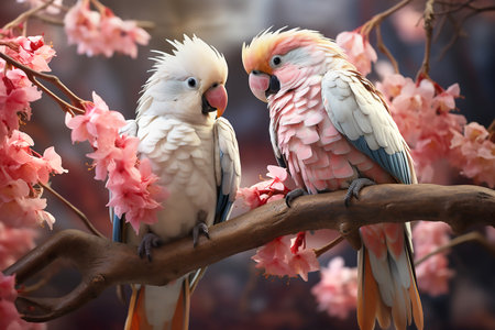 Two large white macaw parrots sit on a branch of sakura blossoms, copy space for text. Generative AIの素材