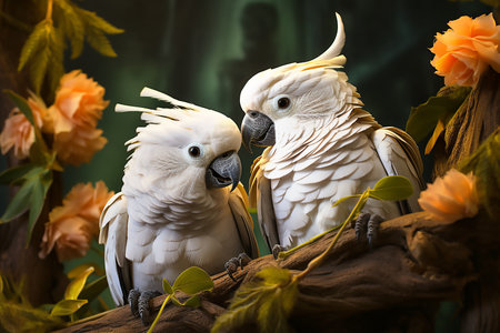 Two large white macaw parrots sit on a branch, copy space for text. Generative AIの素材