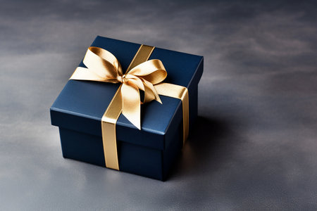 Blue gift box with golden bow on gray background, boxing day sale, copy space for text. Generative AIの素材