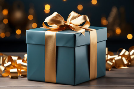 Blue gift box with golden bow on the background of bokeh effect,boxing day sale, copy space for text. Generative AIの素材