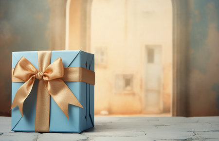 Blue gift box with beige bow on beige blue, boxing day sale, copy space for text. Generative AIの素材