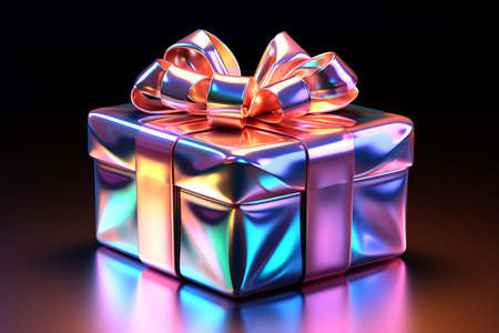 Rainbow neon gift box with bow on black background, boxing day sale, copy space for text. Generative AIの素材