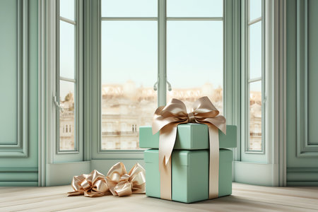 Mint gift box with white golden bow on background of window, boxing day sale. Generative AIの素材