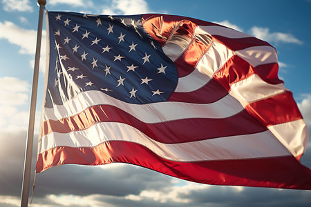 American flag on backgroun of blue sky, close up. Generative AIの素材