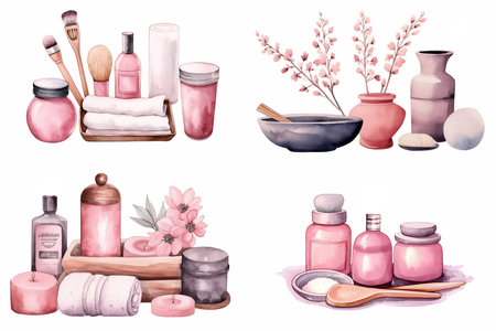 Set of four spa compositions in pink color, on white background. Generative AIの素材