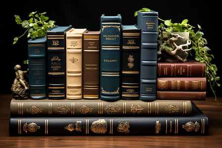 Vintage books on wooden table on black backgroung.の素材