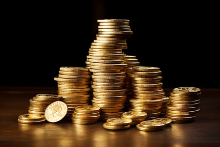 Stacks of gold coins on black background, copy space for text.の素材