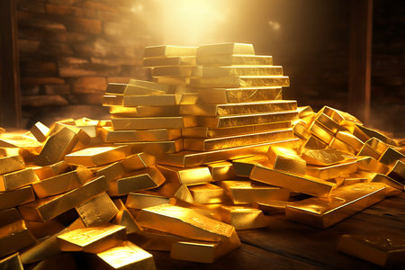 Stacks of glowing gold bars in the rays of the sun on the background of a brick wall, copy space for text.の素材