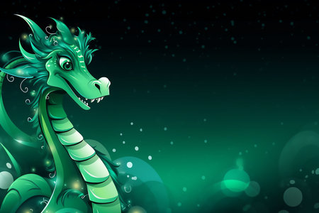 Hand drawn green dragon on green New year background.の素材