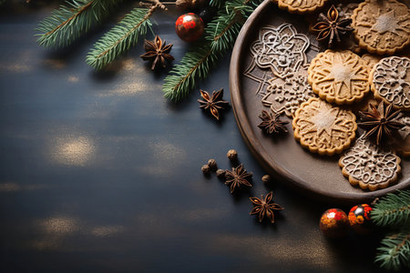 Christmas dark background with pine branches and cookies, copy space for text.の素材