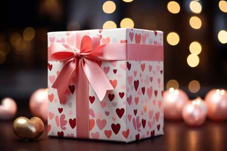 Gift box with hearts pink bow on the background of bokeh effect, copy space for text.の素材