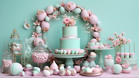 Easter decor with painted pink and mint eggs and pink flowers on mint backgroundの素材