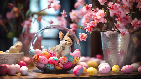Baby rabbit and painted eggs on background of pink flower, Easter compositionの素材