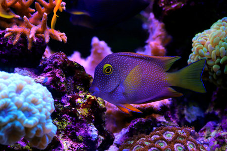 Colorful tropical fish swimming in the water. Beautiful underwater world with corals and tropical...