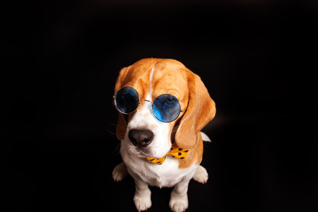 Beagle dog with sunglasses and bow tie isolated on black background.の写真素材