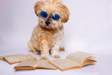 puppy in sunglasses and a book on a white background.の写真素材
