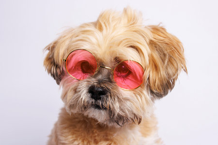 Studio portrait of a cute mixed breed dog wearing heart shaped sunglasses.の写真素材