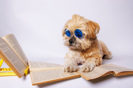 Cute dog in sunglasses and a book on a white background.の写真素材