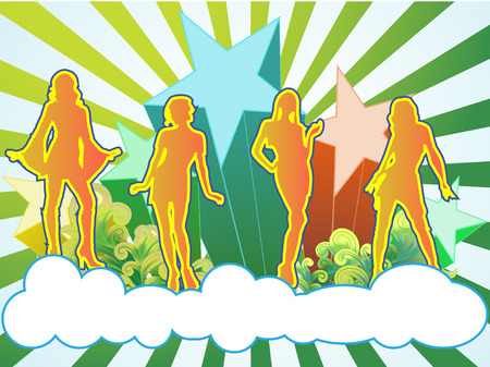 Four sexy girls dancing on a cloud with stars and stripes behind themのイラスト素材