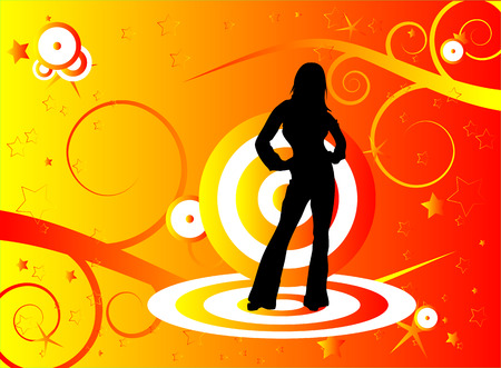 A young girl posing around, orange backround behind herのイラスト素材