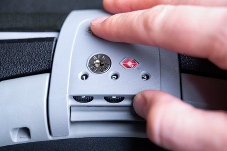 Male fingers locking the TSA (Transportation Security Administration of US) accepted lock on the dark suitcase. Detail of the security lock on a travel bag.の写真素材