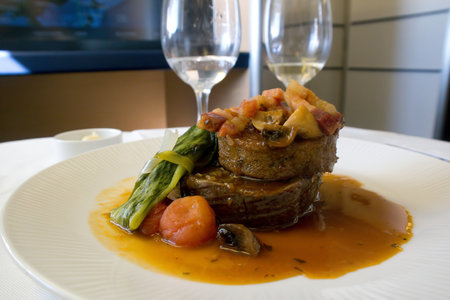 Kobe beef steak on a first-class flight from Japanの写真素材