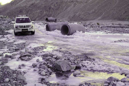Icy winter roads in Shyok valley in Ladakhの写真素材