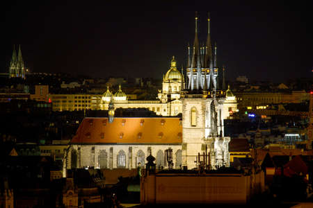 Church of Our Lady before TÃ½n in Prague at nightのeditorial素材