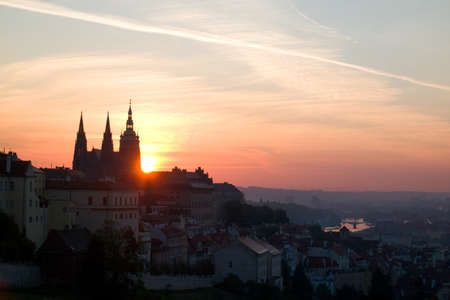 Sun rising behind the St. Vitus Cathedral at Prague Castleのeditorial素材