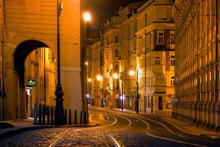 Empty streets of Prague at nightのeditorial素材