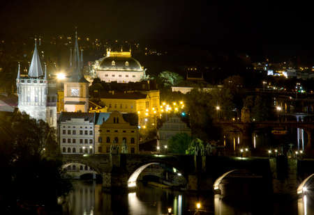 National Theater and bridges over the Vltava river in Prague at nightのeditorial素材