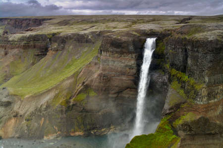 HÃ¡ifoss - 122 m tall waterfall in central Icelandの写真素材