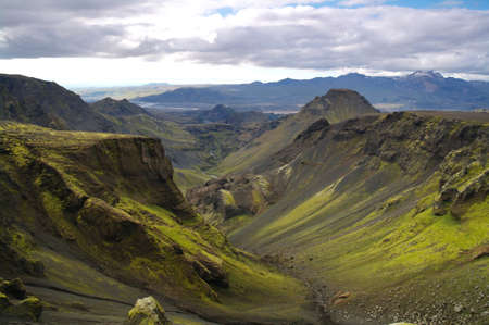 FimmvÃ¶rÃ°uhÃ¡ls Hike - descending to Thorsmork (ÃÃ³rsmÃ¶rk)の写真素材