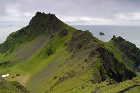 Hiking the volcanic Heimaey island in Icelandの写真素材
